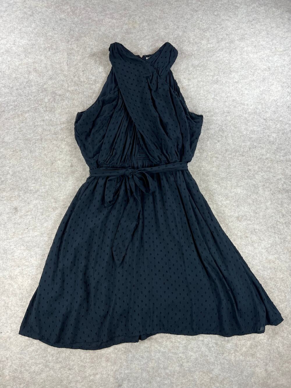 Ann Taylor LOFT Crossover Halter Dress Black Swiss Dot Tie Waist Size 14